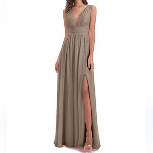 AW Bridal Taupe Evening Maxi Formal Bridesmaid Gown Small